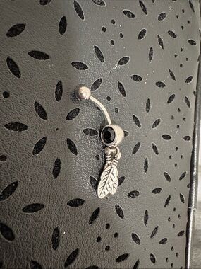 Silver Feather Dangle Belly Ring with Black Gem